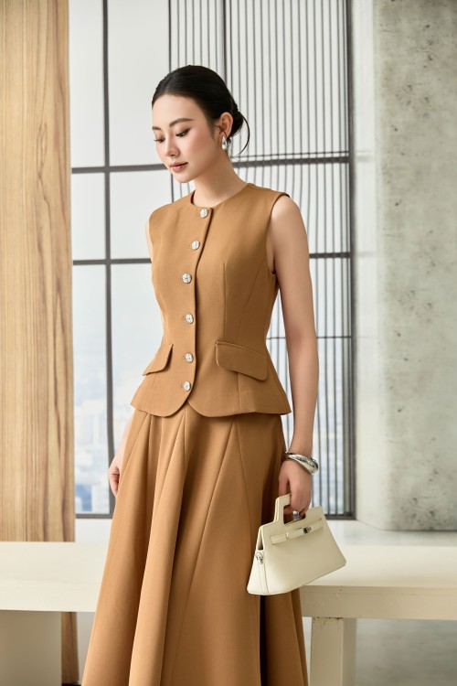 Sixdo Brown Woven Flared Skirt